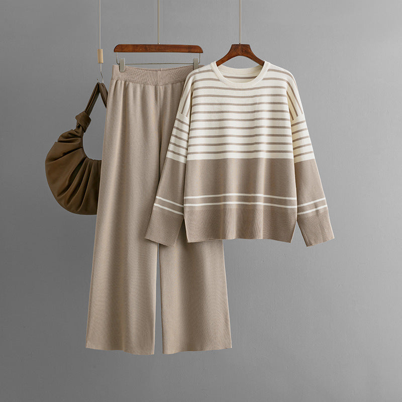 Casual Striped Crewneck Sweater Stylish Two-piece Set