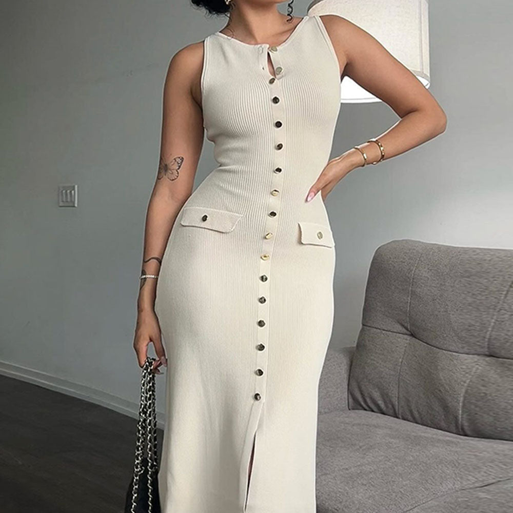 Single-row Metal Buckle Slim Knitted Dress