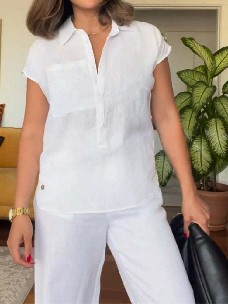 Stylish Pocket Shirt & Wide Leg Pants Two-Piece Set