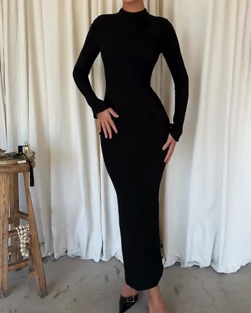 Fashion Solid Color Half High Collar Long Sleeve Dress