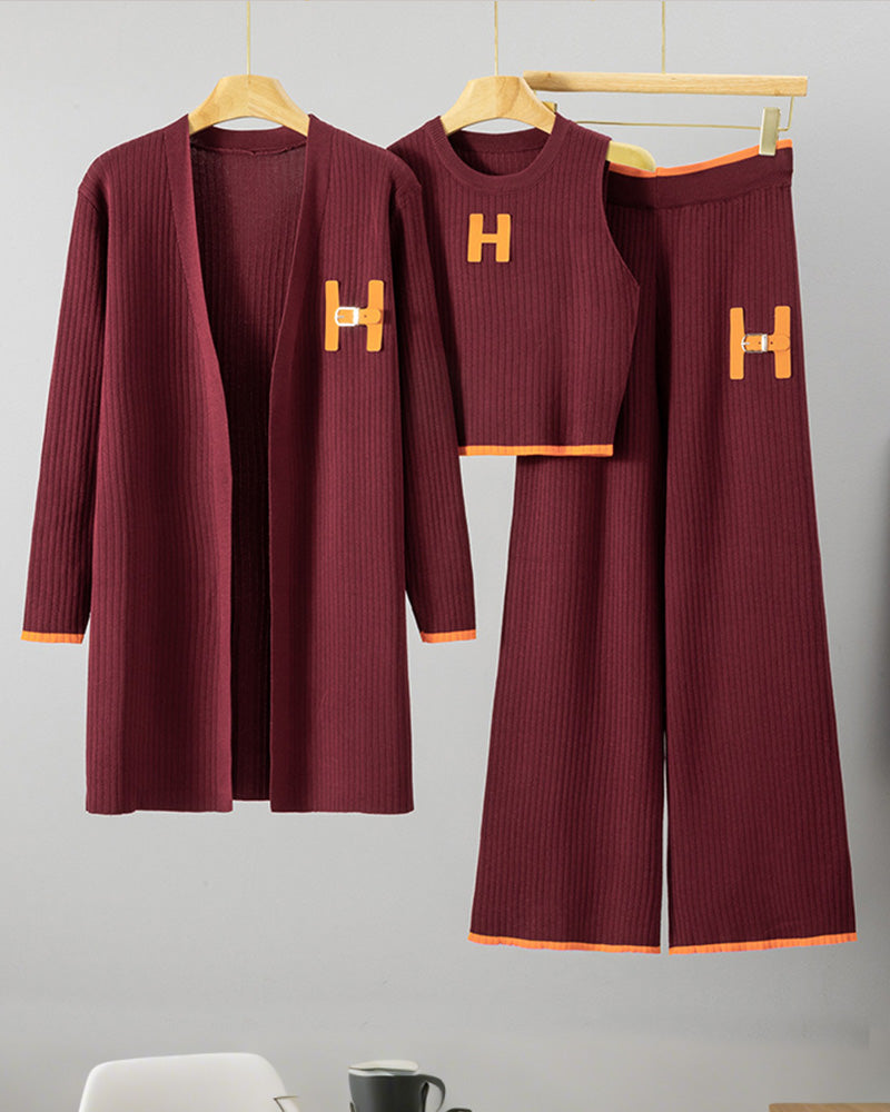 Knitted Long Cardigan Vest Trousers Three-piece Set