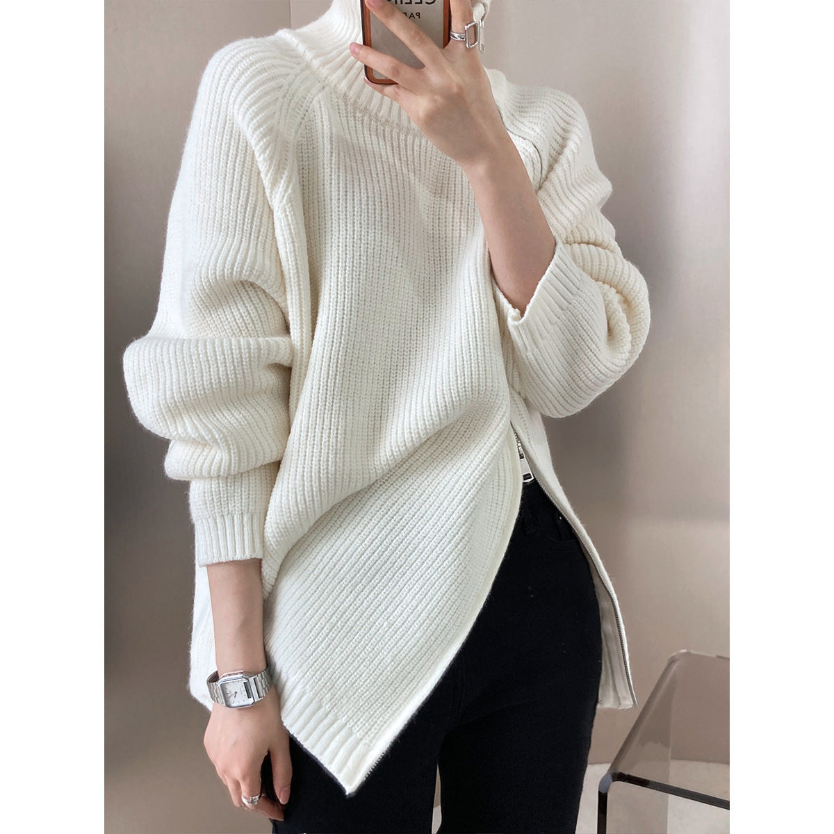 High Collar Zippered Loose Sweater
