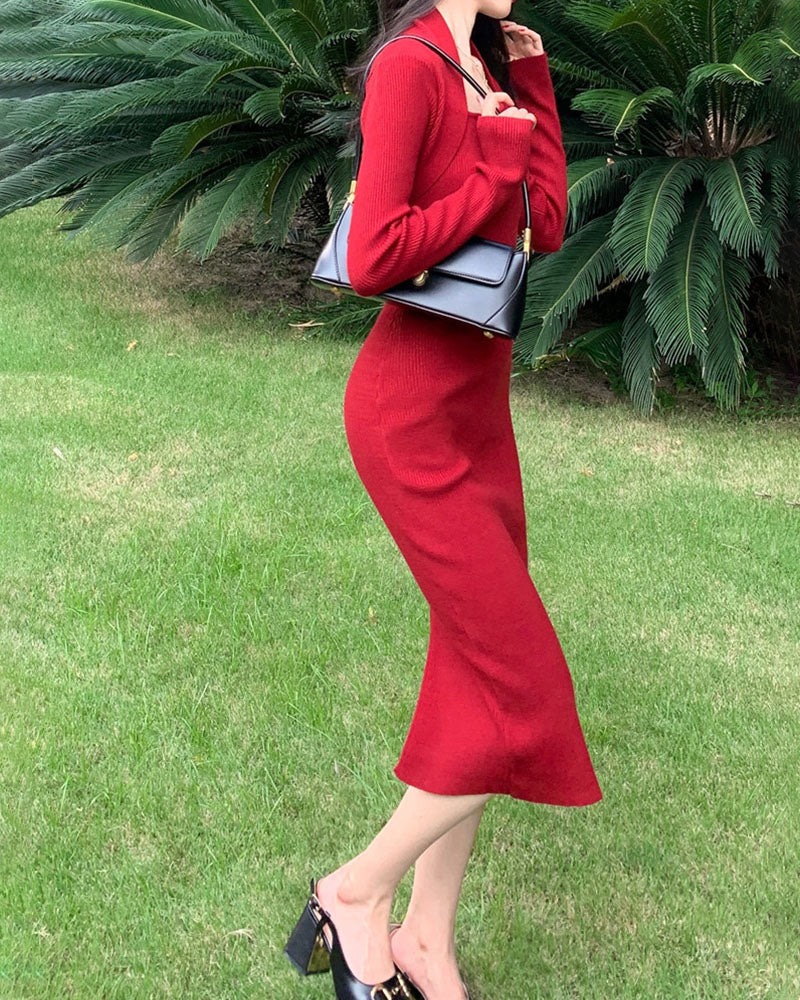 Retro Elegance Pack Shoulder Square Neck Slim Dress