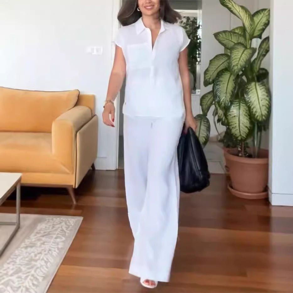 Stylish Pocket Shirt & Wide Leg Pants Two-Piece Set