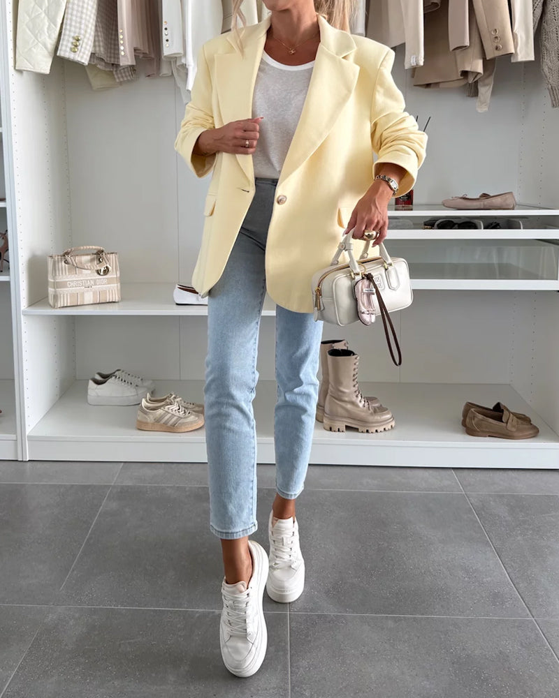 Fashionable Lapel Blazer & Lemon Overskirt Two-Piece Set