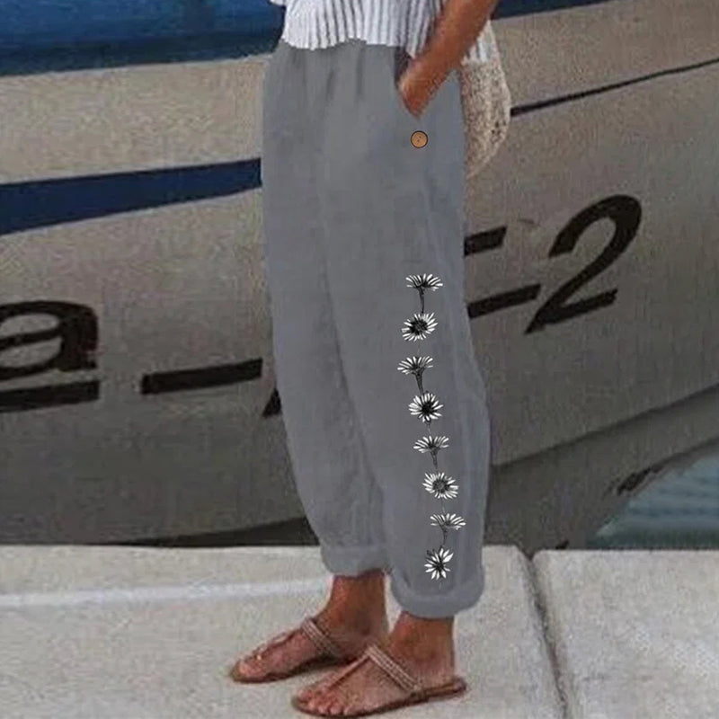 Cotton Linen Pocket Loose Printed Casual Pants