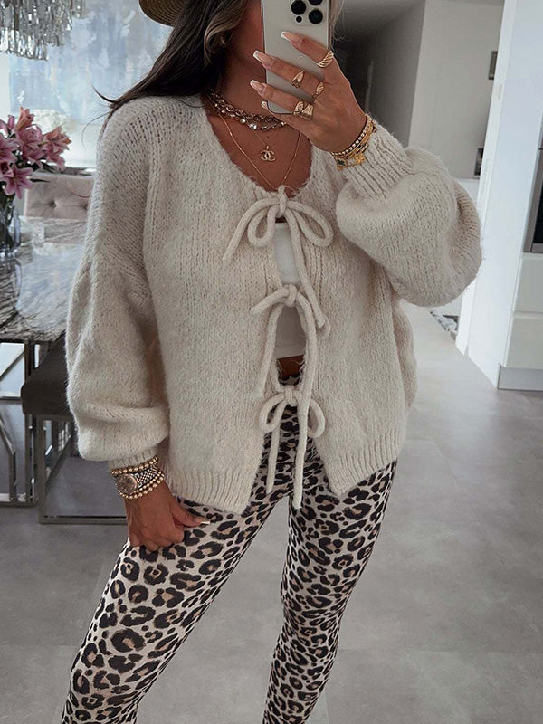 Stylish Solid Color Crew Neck Lace-up Sweater
