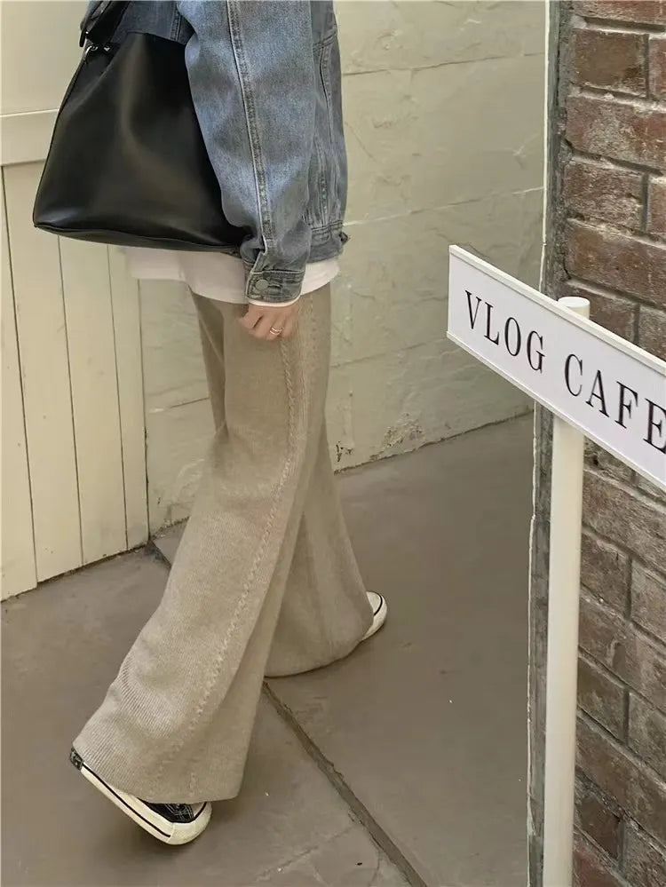 Twist Knit Wide Leg Casual Straight Trousers