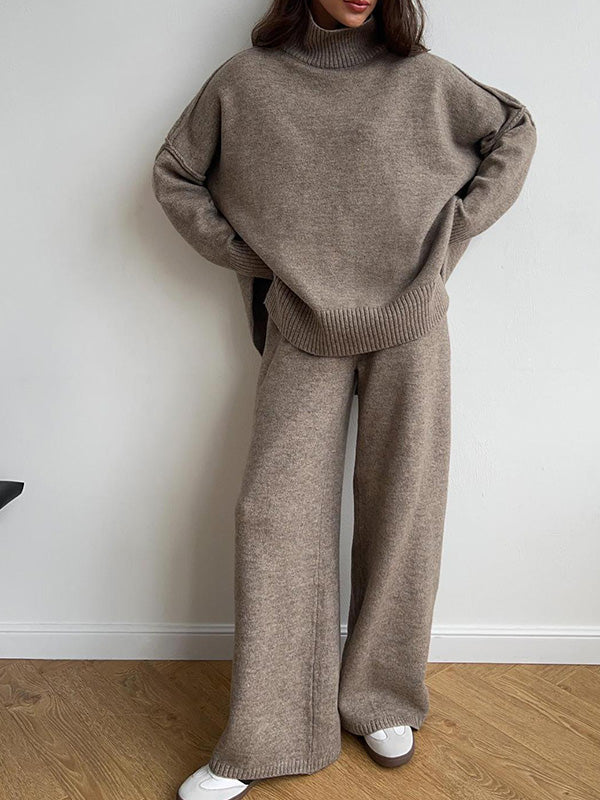 Stylish Casual Turtleneck Slit Sweater & Pants Two-Piece Set