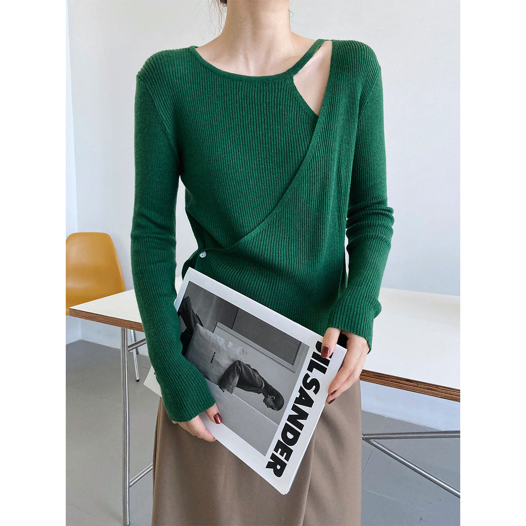 Two False Hollow Out Shoulder Sweater Female Design Sense Hanging Neck Top