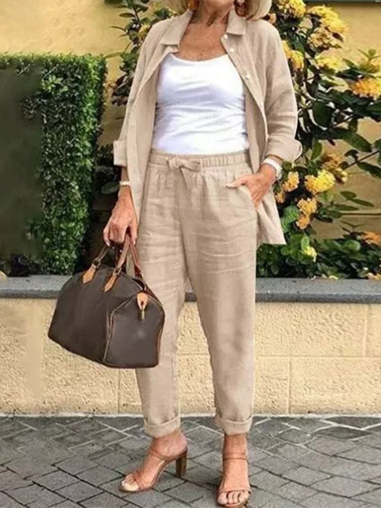 Casual Lapel Blazer & Loose Pants Two-Piece Set