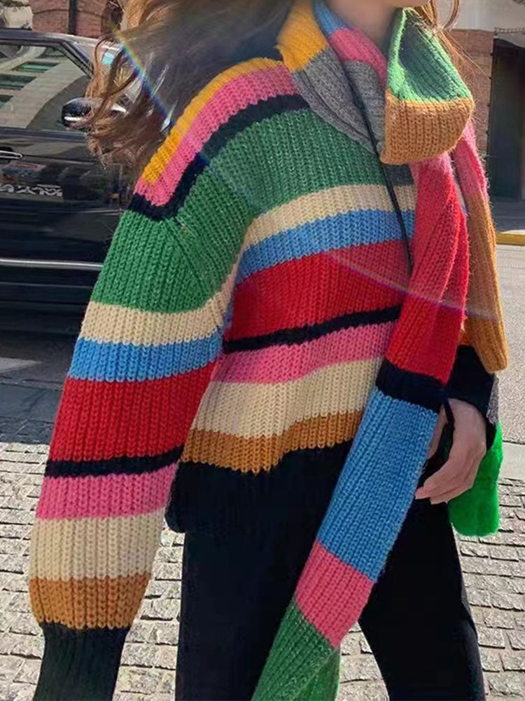 Loose Rainbow Striped Scarf Sweater