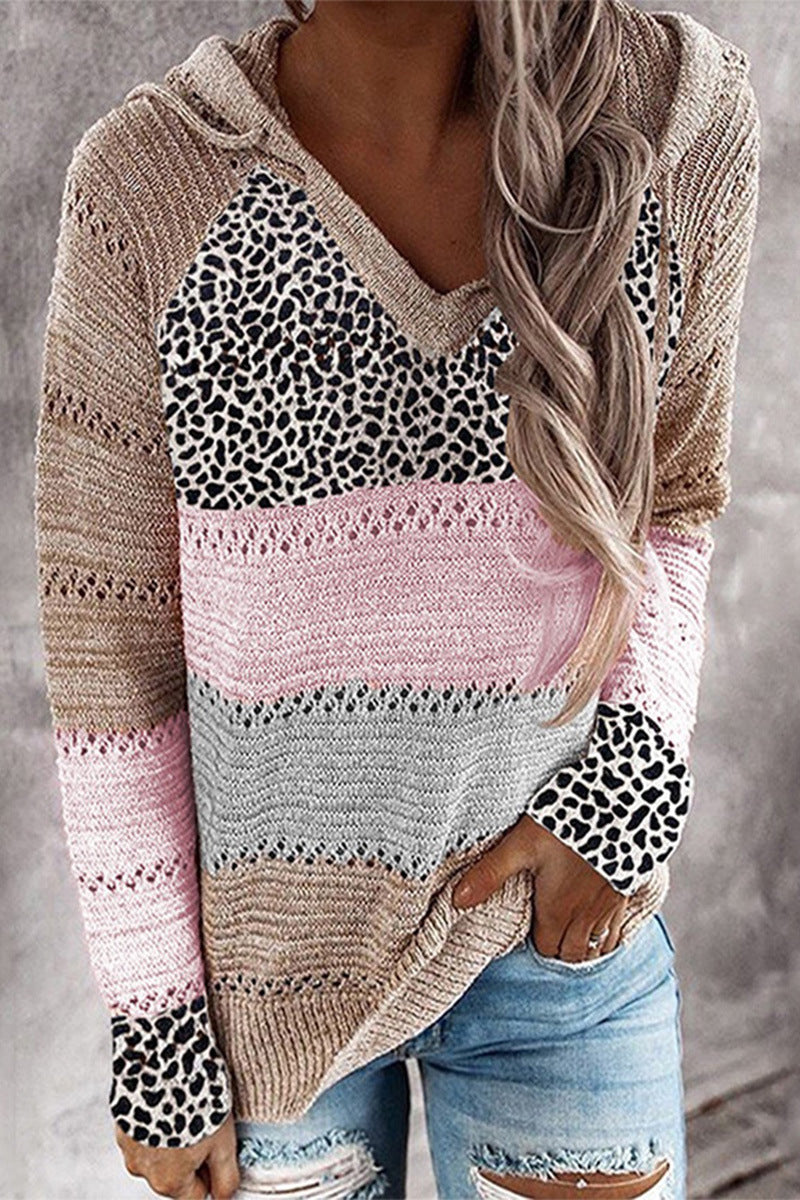 Striped & Leopard Patchwork V-Neck Hooded Sweater