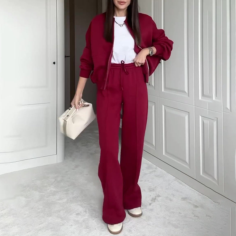 Fashionable Sweatshirt Jacket & Straight Pants Two-piece Set