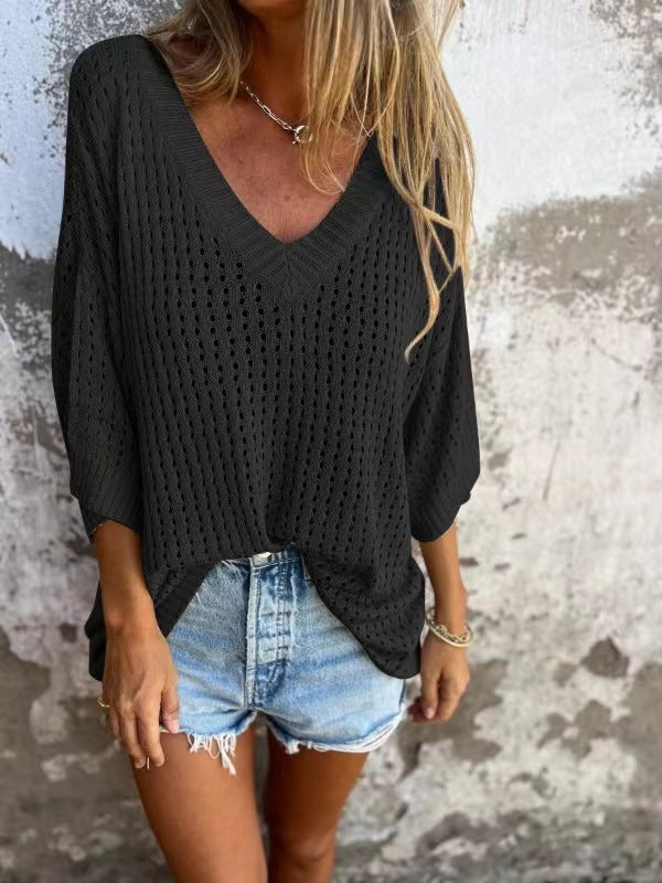 Hollow Long Sleeve V-Neck Top