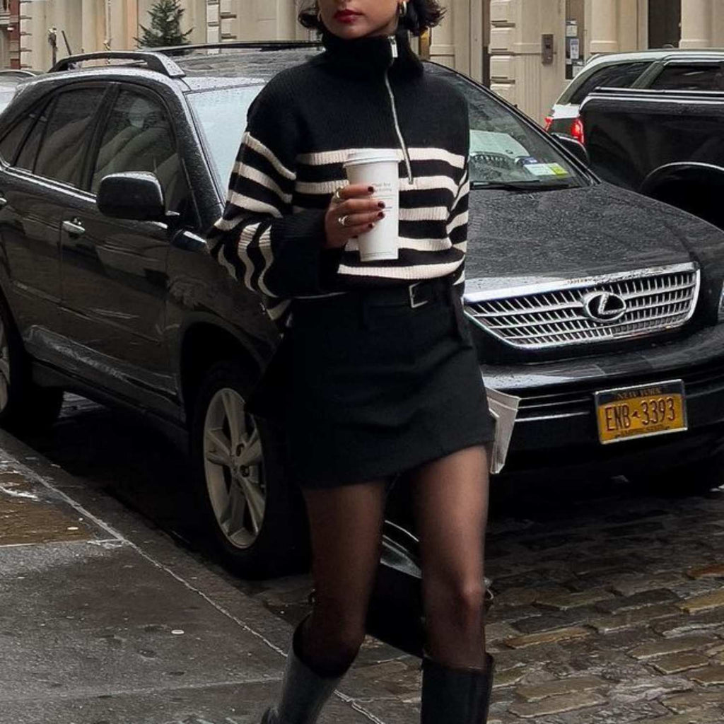 Turtleneck Striped Zip Sweater