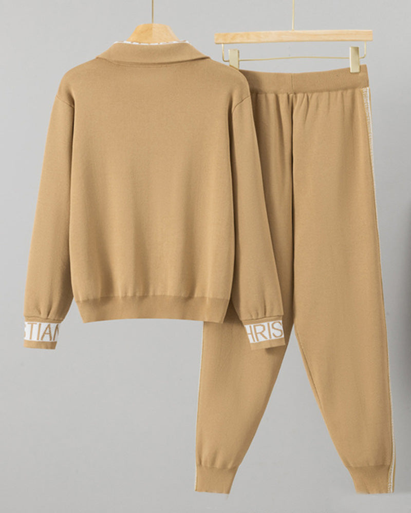Zipper Embroidered Knitted Casual Two-piece Set