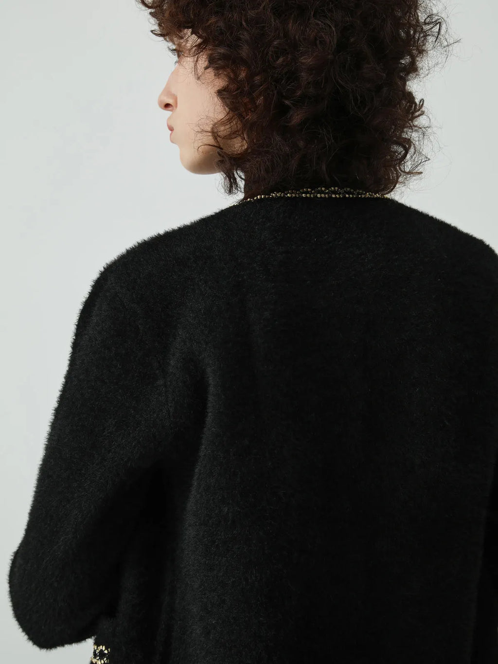 Pearl Button Contrast Trim Fuzzy Cardigan