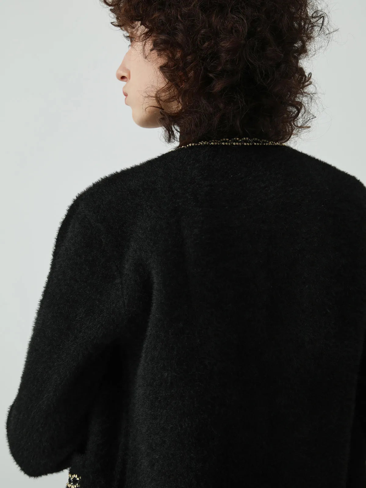 Pearl Button Contrast Trim Fuzzy Cardigan