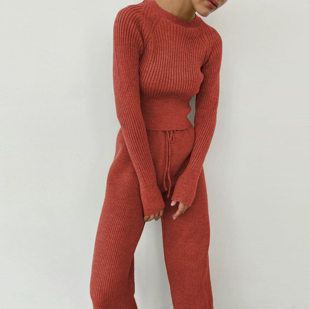 Retro Jacquard Sweater Top Casual Solid Color Slim-Fit Sweater Set