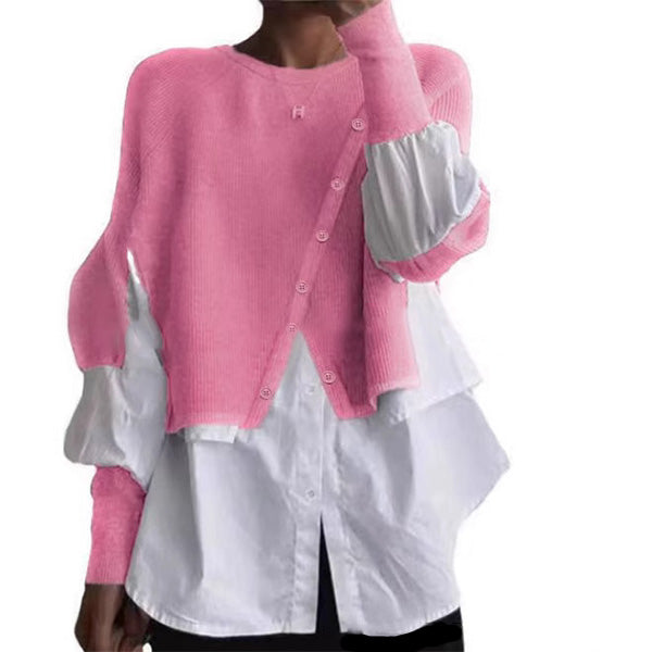 Stylish Crew Neck Long Sleeve Fake Two Pieces Top