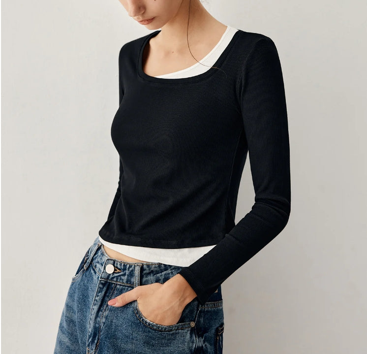 Colorblock Long Sleeve Crop Shirt