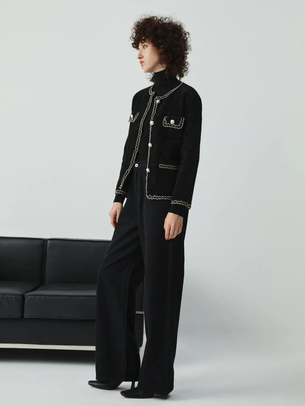 Pearl Button Contrast Trim Fuzzy Cardigan