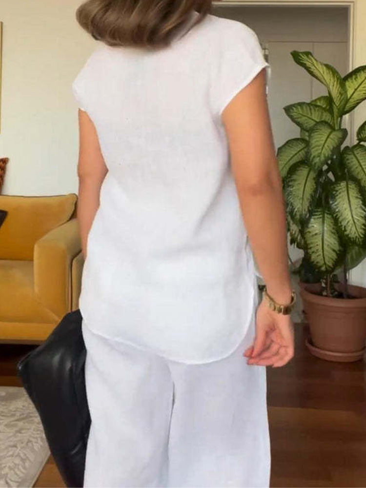 Stylish Pocket Shirt & Wide Leg Pants Two-Piece Set