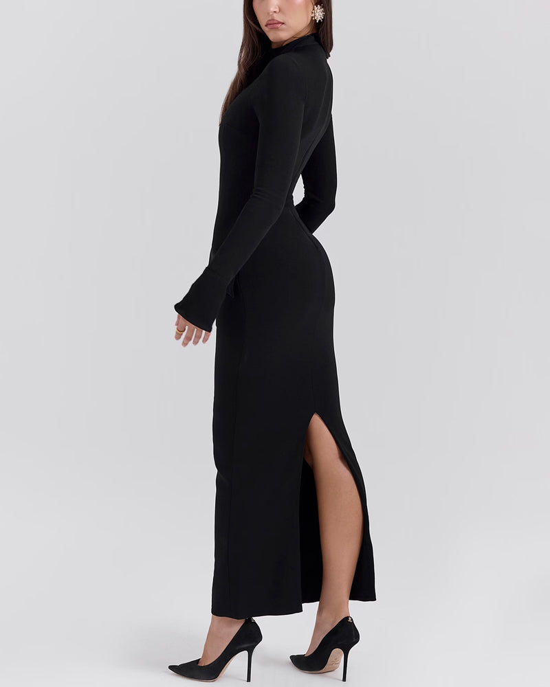 Fashion Solid Color Half High Collar Long Sleeve Dress