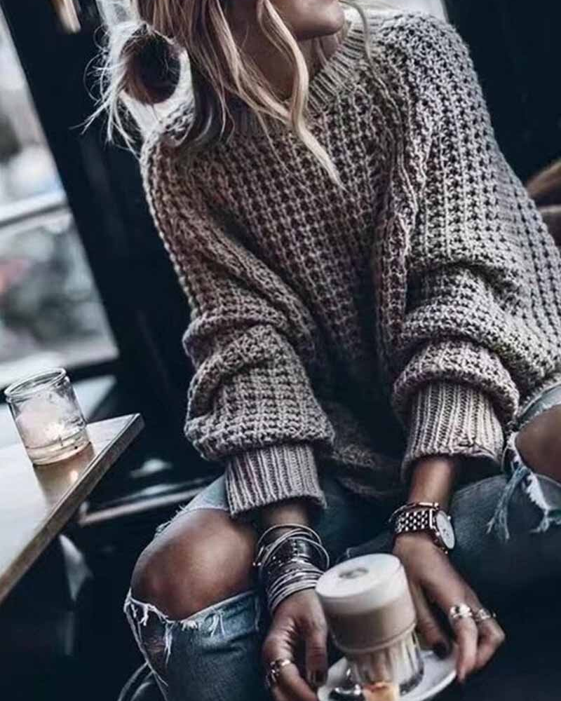 Misonlly Loose Solid Color Knitted Sweater