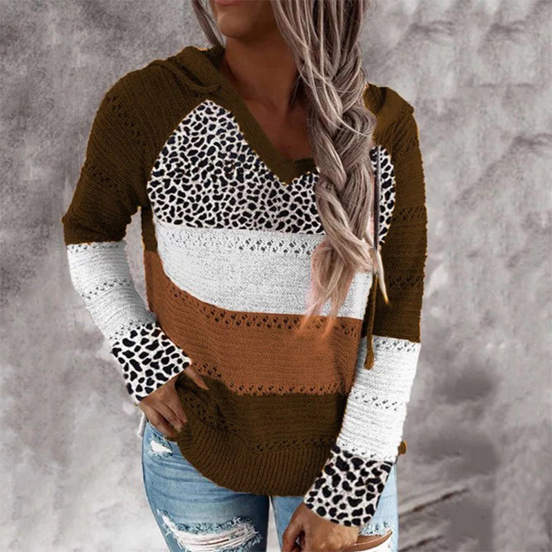 Striped & Leopard Patchwork V-Neck Hooded Sweater