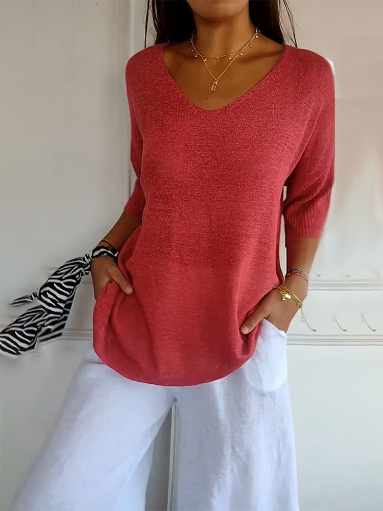Casual V-neck Solid Color Slimming Top