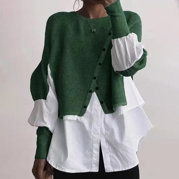 Stylish Crew Neck Long Sleeve Fake Two Pieces Top
