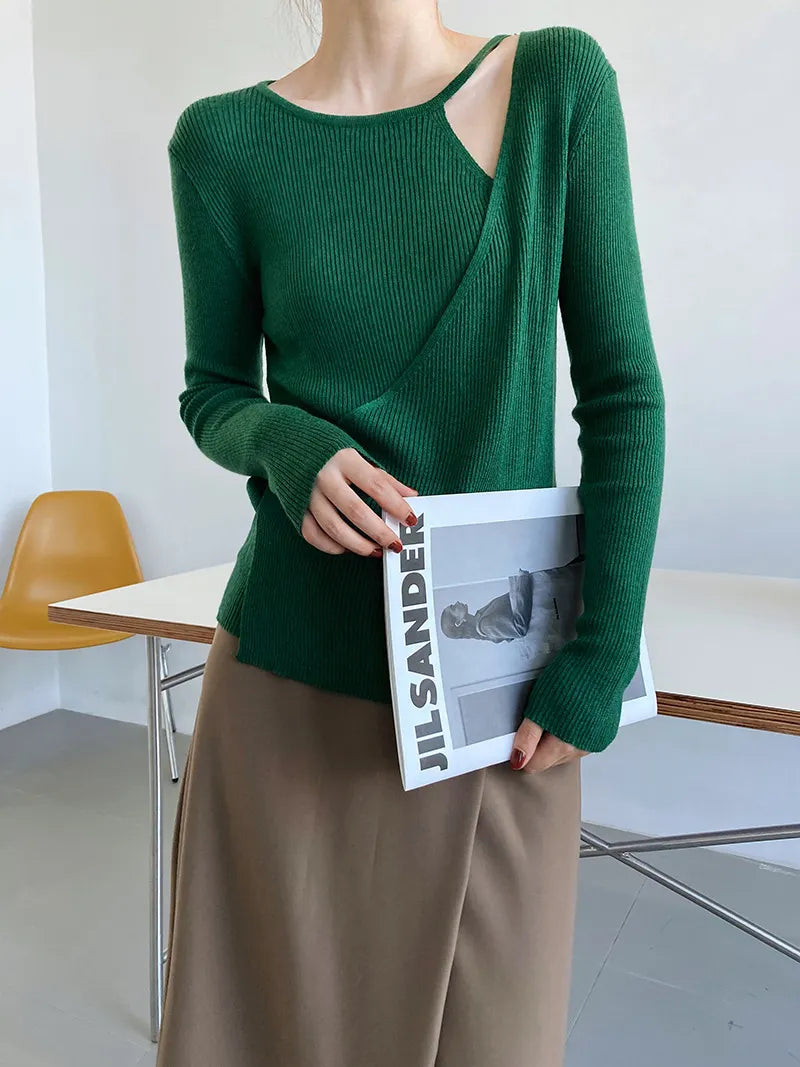 Two False Hollow Out Shoulder Sweater Female Design Sense Hanging Neck Top