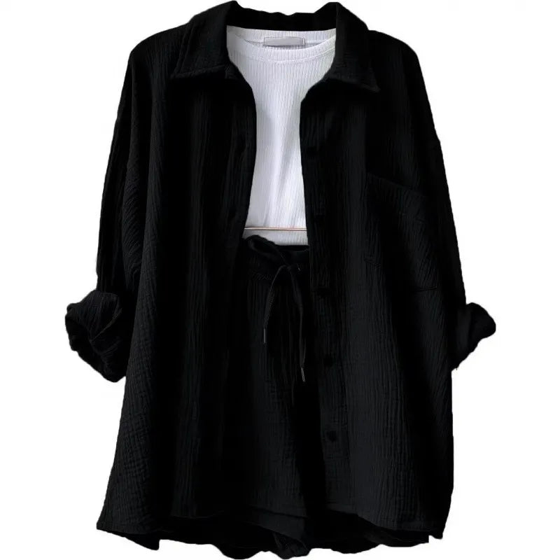 Fashion Shirt High Waist Drawstring Shorts Set
