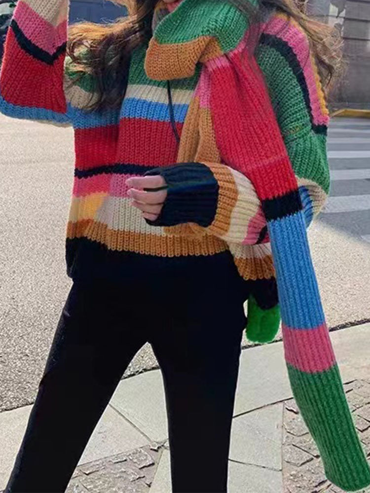 Loose Rainbow Striped Scarf Sweater