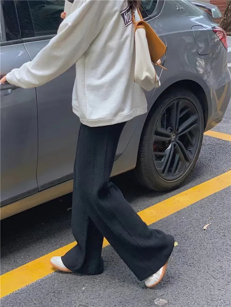 Twist Knit Wide Leg Casual Straight Trousers