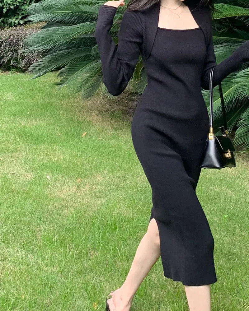 Retro Elegance Pack Shoulder Square Neck Slim Dress