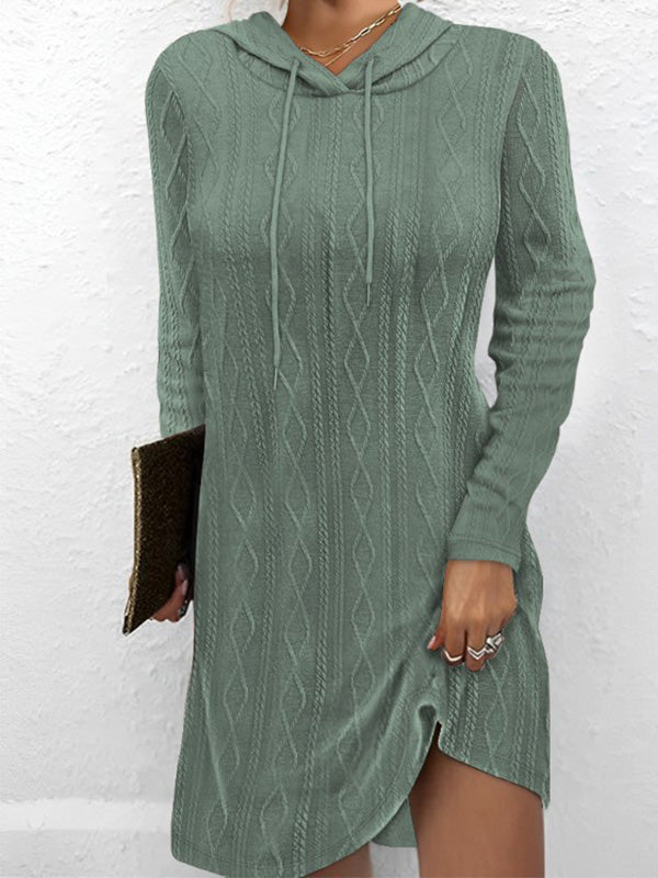 Solid Color Long-Sleeved Hooded Jumper Knit Dress