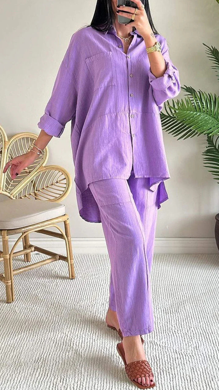 Casual Loose Lapel Shirt High Waist Trousers Two-piece Suit