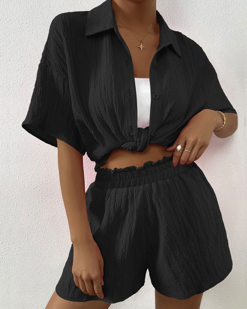 Fashion Crumple Shirt Shorts Set
