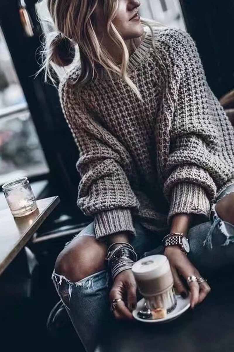 Misonlly Loose Solid Color Knitted Sweater