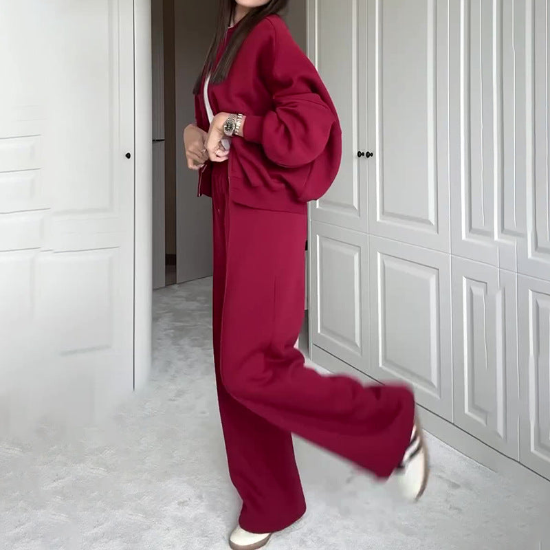 Fashionable Sweatshirt Jacket & Straight Pants Two-piece Set