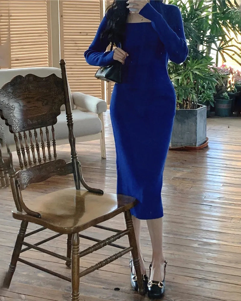 Retro Elegance Pack Shoulder Square Neck Slim Dress