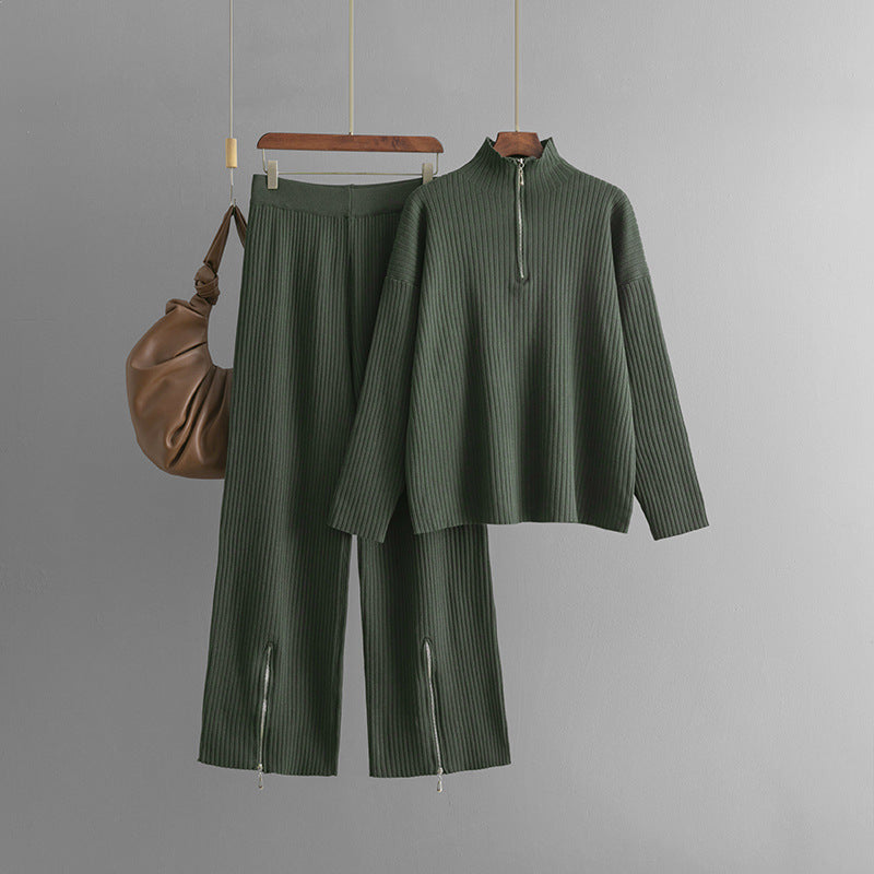Casual Turtleneck Zipper Sweater Two-Piece Set