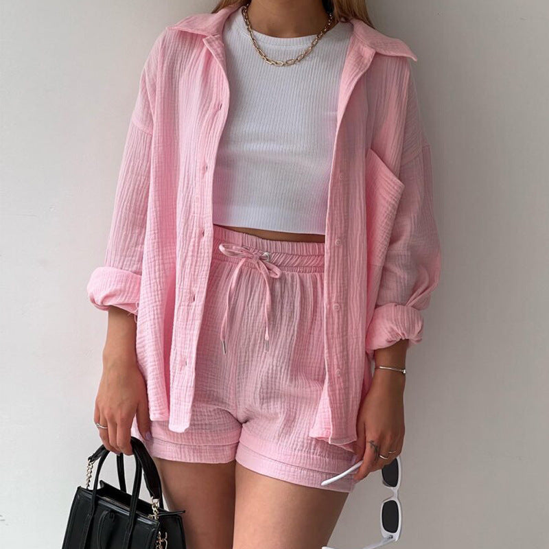 Fashion Shirt High Waist Drawstring Shorts Set