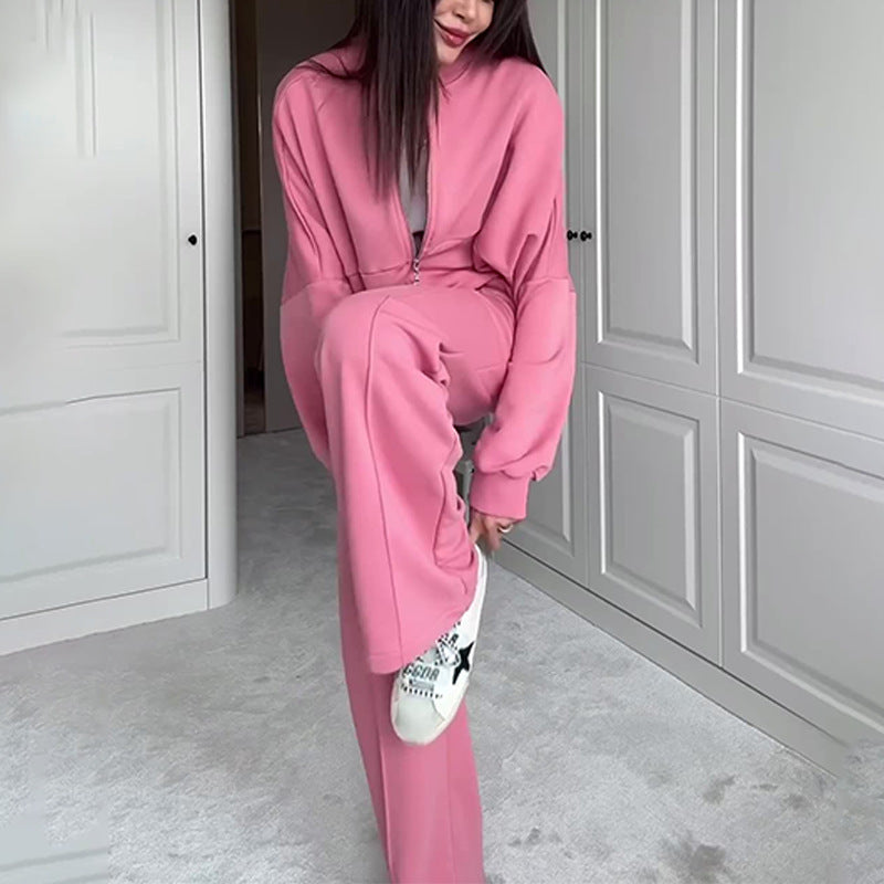 Fashionable Sweatshirt Jacket & Straight Pants Two-piece Set