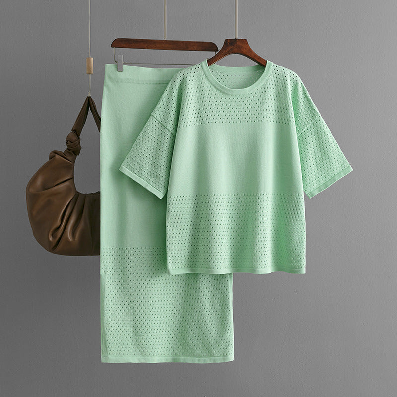 Casual Hollow Top & Skirt Solid Color Two-Piece Set