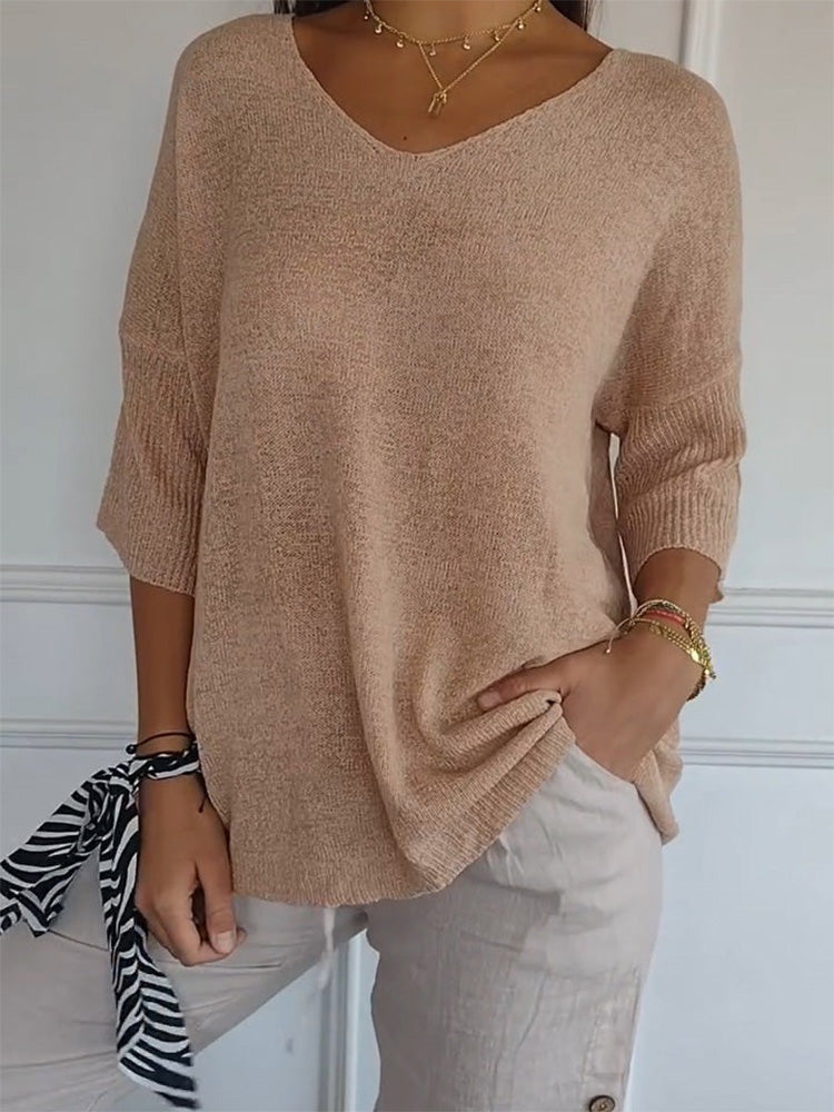 Casual V-neck Solid Color Slimming Top