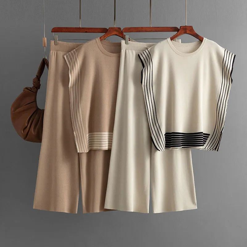 Stylish Striped Patchwork Solid Color Sleeveless Top & High Waist Pants Two-Piece Set